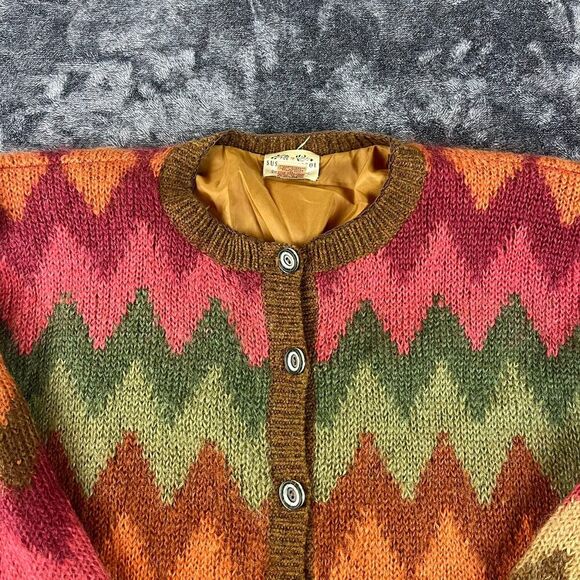Vtg Susan Bristol Knitted Mohair Wool Cardigan Sweater Chevron Lined Colorful L - Picture 2 of 9